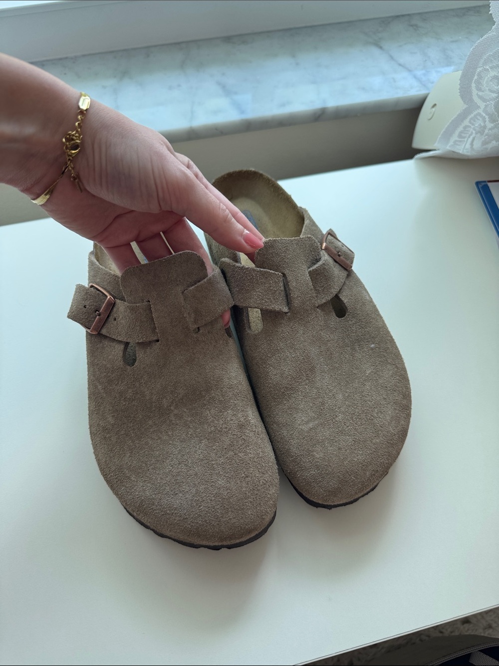 Birkenstock Boston Suede Clog Mules in Taupe Beige
